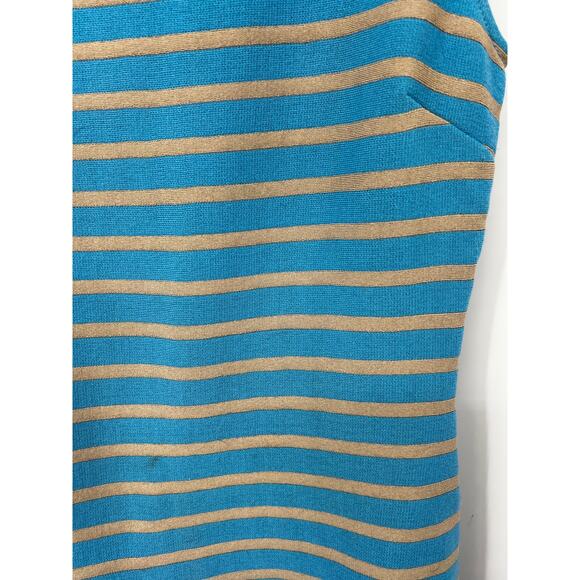 St. John Dress Blue Tan Striped Sleeveless Crewneck A-Line Fit & Flare Wool Knit - Picture 2 of 6